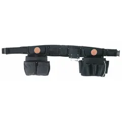 This padded tool belt from KLEIN TOOLS is designed for electricians requiring organized tool access on the job. It features 27 pockets and fits waist sizes from 36 to 40 inches. The black belt provides comfort and utility during electrical installations, maintenance, and repair tasks.
