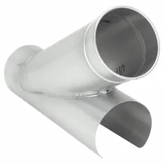 Steel branch fitting for 10 in duct diameter with a 30° angle and 22 in overall length. Used in ventilation and material handling systems to connect a secondary duct to a main duct line.