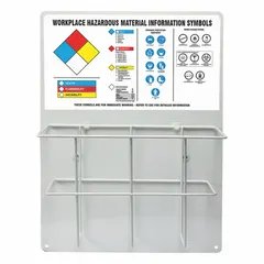 Wall-mount information center for displaying safety notices, procedures, or compliance documents. Overall dimensions: 20 in height, 15 in width, 6 3/4 in depth. Mounting hardware not included.