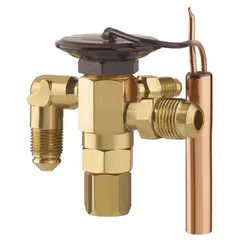 Thermostatic expansion valve for R-404A refrigerant with 1 ton nominal capacity. Features a removable strainer and field-adjustable superheat adjustment. Used in refrigeration systems to control refrigerant flow into the evaporator.