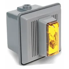 Wall-mount horn alarm with xenon strobe light for audible and visual signaling. Operates on 24V DC, connects via wire leads. Overall dimensions 5 1/2 in by 5 1/2 in. Suitable for fire or emergency warning in commercial and industrial settings.