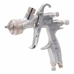 Aluminum-bodied HVLP spray gun with 1/4 in air inlet, producing an 11 to 12 inch spray pattern. Operates at 12 cfm @ 26 psi air consumption. Designed for applying coatings and paints in finishing applications.