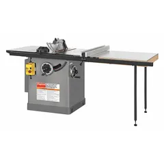 This standard cabinet table saw operates on 240 V AC with a 16 A current draw. It accepts a 10-inch blade and reaches a maximum blade speed of 3,450 RPM. Designed for stationary use in woodworking shops, it is suited for precision ripping and crosscutting of hardwoods, softwoods, and sheet goods.