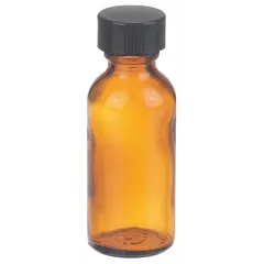 This 30 mL amber narrow mouth round glass lab bottle is made of Type III soda lime glass. It features a 20-400 mm neck finish with an attached phenolic cap and a PolyCone liner. Suitable for collecting, storing, and transporting liquid samples, the amber glass protects light-sensitive contents.