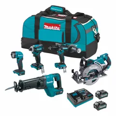 This 40 V DC cordless tool combination kit includes five XGT tools, a flashlight, two BL4040 4.0 Ah batteries, and a 373WA8 charger. Suitable for drilling, fastening, cutting, and lighting on job sites requiring cordless mobility and high power.