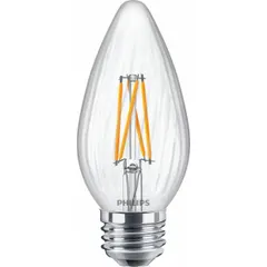 LED flame-shaped bulb with E26 medium screw base, clear finish, and 5.5W power consumption. Provides selectable color temperature of 2200K or 2700K. Suitable for decorative fixtures such as chandeliers, sconces, and exposed lamps where visual appeal is desired.