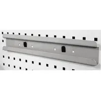 This locking bin mounting clip is designed for use with square-hole pegboard systems. It features a powder-coated gray finish and includes a bin support for secure attachment. The locking mechanism prevents accidental dislodging, making it suitable for organizing tools and parts in workshops or storage areas