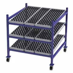 This bolted mobile flow rack features skate wheel tracks and tilt shelves for gravity-fed part presentation. With three shelves and rubber decking, it supports forward movement of items in assembly and kitting operations. Dimensions: 48 x 48 x 54 inches.