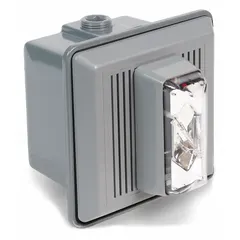 120V AC wall-mount horn alarm with integrated strobe light. Wire lead connections. Dimensions: 5 1/2 in width, 5 1/2 in length, 5/8 in height. Used for audible and visual signaling in industrial fire alarm, evacuation, and process alert systems.