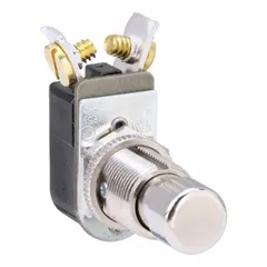 Non-illuminated miniature push button from the 110/316P series with maintained action. Features an extended profile and metallic push button material in a 12 mm diameter. Suitable for use in industrial control panels, machinery, and equipment requiring a tactile switching interface.