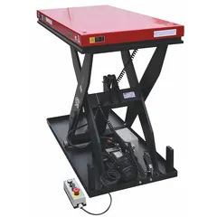 Fixed-top electric lift table with scissor mechanism, rated for 2,000 lb load capacity. Platform length is 48 in, maximum lifting height is 39 in. Operates on 115V AC power. Used in industrial settings for ergonomic positioning of heavy loads at workstations or assembly lines.