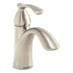 This single-post handle bathroom faucet from the Chelsea series is constructed of brass with a brushed nickel finish. It features an arc spout and IPS connections, with a flow rate of 1.2 gpm. An optional deck plate is included for installation flexibility. Suitable for residential and commercial bathroom sinks.