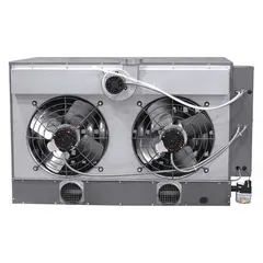 Standard-profile suspended unit heater for wall or ceiling mounting. Delivers 300,000 BtuH input using propane fuel. Features a propeller fan and field-convertible combustion type. Gas connection is 3/4 in NPT male. Overall dimensions: 34 in H x 55-1/4 in W x 44-3/4 in D.
