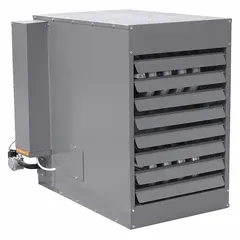 This Dayton standard-profile suspended unit heater delivers 175,000 BtuH input using propane and a propeller fan. It features a field-convertible combustion type and a 1/2 in NPT male gas connection. Overall dimensions are 33-3/4 in x 37-1/4 in x 43-1/2 in. Suitable for heating commercial and industrial spaces such as warehouses, workshops, and loading docks.