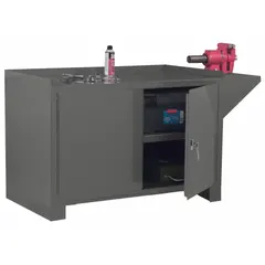 Fully assembled steel cabinet bench with shelves, measuring 48 in x 24 in and finished in gray. Supports an overall load capacity of 2,000 lb. Includes a vice support shelf for mounting a vise. Suitable for heavy-duty workstations in industrial environments such as assembly, maintenance, and repair operations.
