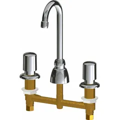 Centerset, cast brass construction with polished chrome finish. Features push-button metering operation and aerated flow. Includes (2) 1/2 in coupling nuts. Suitable for commercial restroom applications requiring timed water delivery.