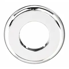 This split-flange escutcheon is made of chrome-plated plastic with a silver finish. It features a threaded connection and fits 1-1/2 inch pipe size. Used to cover and finish the gap around pipes passing through walls, floors, or ceilings in plumbing installations.