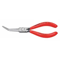 Bent needle-nose pliers with 2 1/8 in jaw length and 1/8 in tip width. Overall length 6 1/4 in. Integrated cutter for wire cutting. Suitable for precision gripping, bending, and cutting in confined spaces