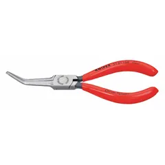 Bent needle-nose pliers with 2 1/8 in jaw length and 1/8 in tip width. Overall length 6 1/4 in. Integrated cutter for wire cutting. Suitable for precision gripping, bending, and cutting in confined spaces.