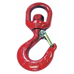 This CROSBY slip hook is a general purpose lifting hook made of carbon steel with a red finish. It has a Grade 100 rating, 3/4 in material thickness, and a working load limit of 6,000 lb. Visual indicator markings show deformation and max angle for inspection. Used in overhead lifting and rigging to connect loads to chains or slings.