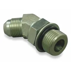 Steel hydraulic hose adapter with a 45° rigid elbow configuration. Connects ORB (O-Ring Boss) male threads to JIC (Joint Industry Council) female threads. Used in fluid power systems for leak-resistant connections between hydraulic components.