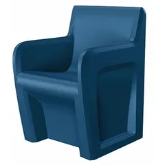 This freestanding arm chair features a single polyethylene seat in slate blue. It includes arms and is designed for commercial or institutional seating applications. The chair meets CAL 133 flammability and ISO 22196 antibacterial surface standards.