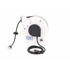 Self-retracting cord reel with ratchet lock mechanism for controlled extension and retraction. Features 50 ft of 12 AWG SJOW cord with NEMA 5-20P connectors on both feeder and retractable ends. Suitable for workshops, garages, and industrial settings where overhead cord storage reduces trip hazards and cord wear.