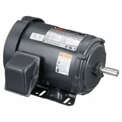 Totally enclosed fan-cooled (TEFC) 3-phase AC motor with rigid base mounting. Delivers 1 1/2 hp at 1755 RPM on 230/460V AC, drawing 5.7/2.8 A full load. Suitable for industrial applications such as pumps, fans, conveyors, and compressors requiring continuous operation in dusty or damp environments.