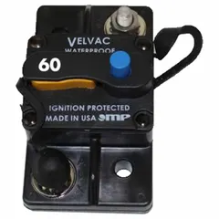 This VELVAC Type III circuit breaker provides overcurrent protection for 30V DC electrical systems. Rated for 30V DC with an interrupt rating of 3 kA, it features blade terminal connections and a flush-mount design. Suitable for use in automotive, truck, bus, RV, and heavy equipment applications to safeguard wiring and components from short circuits and overloads.