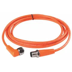 Double-ended cordset with orange PVC jacket designed for flexing applications. Features an M12 male right-angle connector on one end and an M12 female straight connector on the other. 5 pins, 2 m cable length. Suitable for connecting sensors and actuators in industrial automation and material handling where resistance to flexing and harsh environments is required.