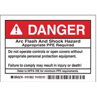 Polyester adhesive signs warning of arc flash and shock hazards. Each sign measures 3 1/2 in x 5 in nominal size, 0.01 in thick, non-retroreflective, non-glow-in-the-dark. Supplied as a 5-pack for mounting on electrical enclosures or equipment in industrial settings