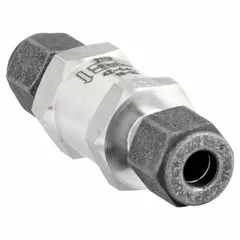 Parker poppet check valve with stainless steel construction and inline valve body. Features compression connections for tubing systems. Prevents backflow in fluid and gas media applications such as process instrumentation and hydraulic circuits.
