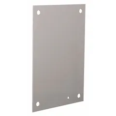 Painted steel back panel for interior mounting in electrical enclosures. Provides a grounded surface for securing components such as terminal blocks, relays, and contactors. Overall height 9 in, overall width 21 in.