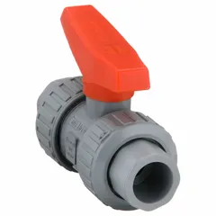 This CHEMTROL manual two-way ball valve is made of CPVC with a straight body and true union socket/true union NPT connections. It features a lever handle for on/off flow control. Typical applications include industrial piping systems handling corrosive fluids, such as in chemical processing, water treatment, and plating lines.