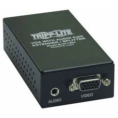 A-V extender receiver for extending video and audio signals over long distances via RJ45 cabling. Features 3.5 mm stereo, HD15, and RJ45 female connectors. Includes external power supply. UL Listed.