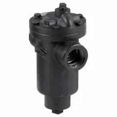 Cast iron inverted-bucket steam trap for horizontal in-line installation. 1-inch FNPT connection, maximum capacity 955 lb/hr, maximum pressure 125 psi. Does not include strainer. Used to discharge condensate from steam lines while preventing steam loss.