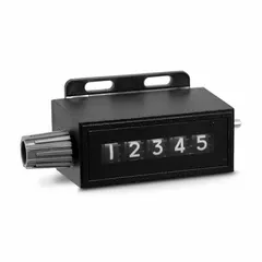 This mounted mechanical counter features a top coming (TC) configuration with a white display and 5 black digits. Designed for base mounting, it provides a non-electronic count of rotations or linear travel in industrial machinery such as production lines, packaging equipment, and textile machines.