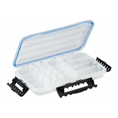 Clear plastic compartmented box with 20 adjustable compartments and cam action latches. Designed for organizing small parts such as screws, nuts, beads, or craft supplies. Not electrostatic discharge conductive.