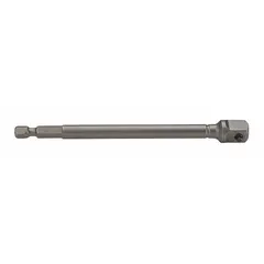Standard type extension for 3/8" drive tools, with a 1/4" output drive and 2" overall length. Unfinished, non-insulated, without locking mechanism. Used to extend reach of ratchets or wrenches in confined spaces for fastener access.