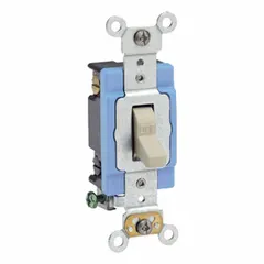 This double-pole toggle wall switch provides maintained on/off control of lighting or other loads from a single location. Rated 15 A at 120/277V AC, it is suitable for general-purpose switching in commercial and industrial environments. The ivory finish matches standard decor. Non-illuminated.