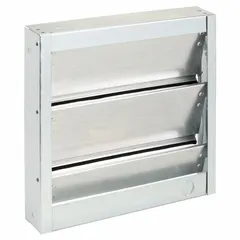 This backdraft damper is designed for 12-inch nominal duct diameter and prevents reverse airflow in ventilation systems. It features a flat blade type, supports vertical airflow direction, and mounts horizontally. The aluminum body measures 11.75 inches in height and width and 4.5 inches in length, with a maximum air velocity of 2000 fpm.
