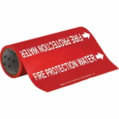 Red adhesive pipe marker with white legend reading 'Fire Protection Water' and directional arrows. Supplied as a roll of 30 markers, each fitting pipe outer diameters from 2-1/2 to 6 inches. Used to identify fire protection water lines in piping systems.
