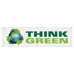 Poly sheeting banner with one printed side, measuring 28 in x 96 in. Suitable for indoor and outdoor use. Does not include wind slits. Commonly used to promote environmental awareness in industrial settings.