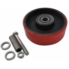 This steel wheel kit in red is designed for use with hydraulic-lift machinery. It serves as a replacement set to restore mobility to equipment such as lift tables and scissor lifts in industrial and warehouse settings.