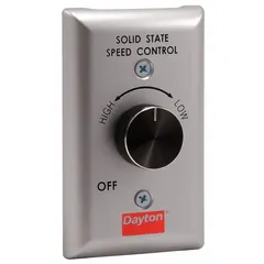 This dial fan speed control is designed for use with compatible fans to regulate airflow in ventilation and air circulation systems. It operates on 115V AC input and is rated for 6 A. The unit features a single dial switch and an aluminum plate with a silver finish.