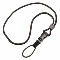 This lanyard is designed for securing ID badges, keys, or small tools in industrial and commercial settings. It features a breakaway clasp that releases under tension for safety, preventing snagging injuries. The lanyard is 36 inches in overall height and 1/4 inch in overall width, supplied in a 12-pack of black lanyards.
