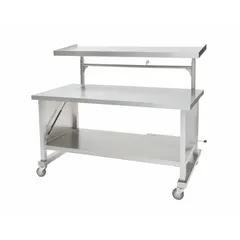 This mobile stand is constructed of stainless steel with a silver cabinet, featuring two swivel casters with brakes for stable positioning. It is designed for use in medical environments to hold instruments and supplies.