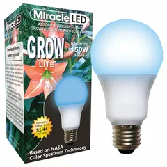 This A21-shaped LED grow bulb operates at 120V and emits a blue spectrum, providing a 150W incandescent watt equivalency. It is suited for seed starting applications, supporting early plant growth stages in indoor gardening and greenhouse propagation.