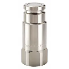 The PARKER FS-502-8FP is a hydraulic quick-connect coupling plug with 1/2"-14 FNPT threads. It features a 316 stainless steel body and a fluorocarbon seal, suitable for use in hydraulic systems requiring rapid line connection and disconnection under pressure.