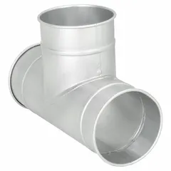 Steel tee branch for 6 in diameter ductwork. Features a 90° angle and 14 in overall length. Used to split or merge airflow in ventilation, dust collection, or material handling systems.